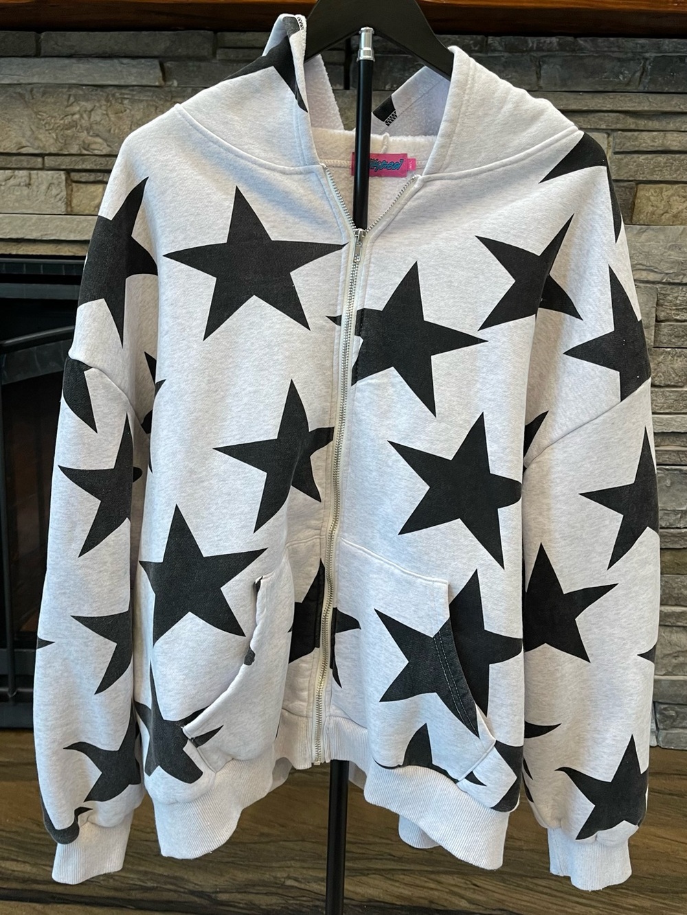 Edikted Star Print Oversized Zip Up Hoodie Gray & Black M/L